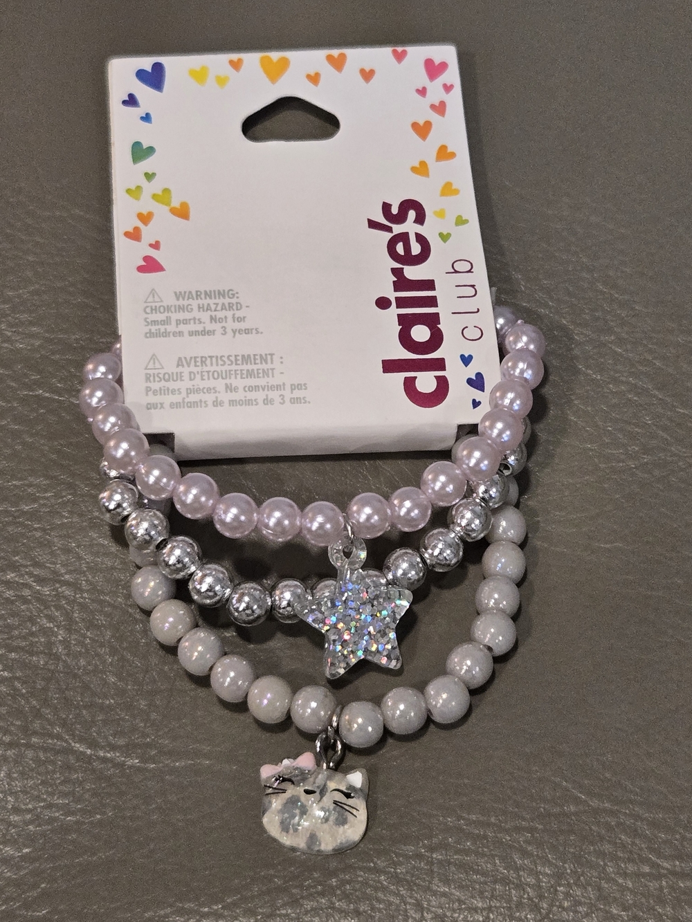 Claire's Pastel Pink and Silver Beaded Bracelet Set with Star & Cat Charms